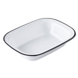 A rectangular white enamel baking dish with slightly rounded corners and a glossy surface, featuring a thin black rim. Reminiscent of the TableCraft Canteen Collection Serving Pan, the dish is empty and photographed against a plain white background.