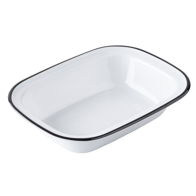 A rectangular white enamel baking dish with slightly rounded corners and a glossy surface, featuring a thin black rim. Reminiscent of the TableCraft Canteen Collection Serving Pan, the dish is empty and photographed against a plain white background.