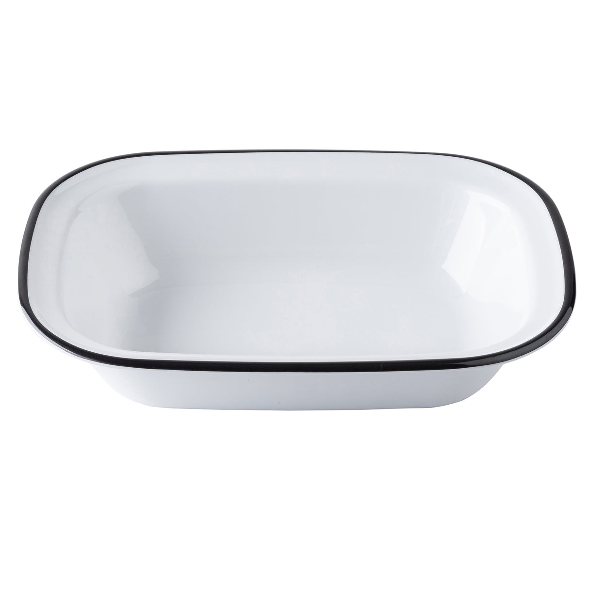 A white, rectangular Canteen Collection Serving Pan by TableCraft with rounded corners and a black rim. The dish, made from glossy melamine, is empty and set against a plain white background for a clean, classic look.
