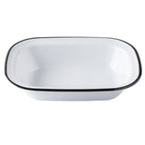 A white, rectangular Canteen Collection Serving Pan by TableCraft with rounded corners and a black rim. The dish, made from glossy melamine, is empty and set against a plain white background for a clean, classic look.