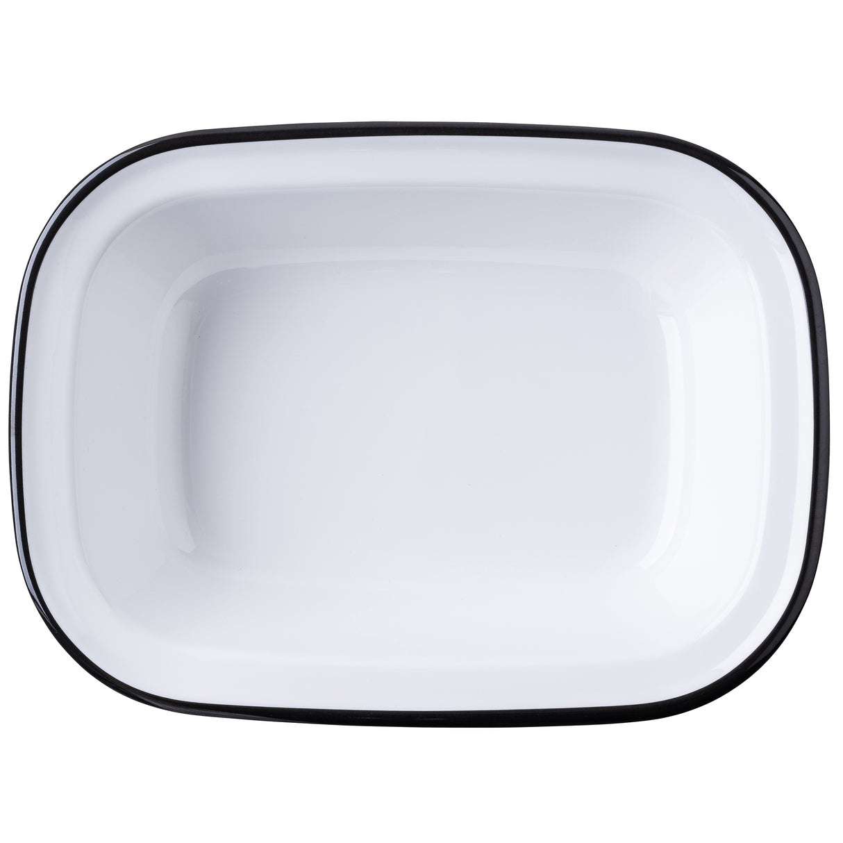 A rectangular, white enamel TableCraft serving pan with rounded corners and a slightly raised rim featuring a thin black edge, photographed from above against a white background. The dish is empty and has a glossy finish.