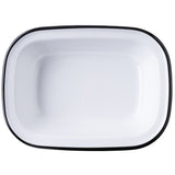 A rectangular, white enamel TableCraft serving pan with rounded corners and a slightly raised rim featuring a thin black edge, photographed from above against a white background. The dish is empty and has a glossy finish.