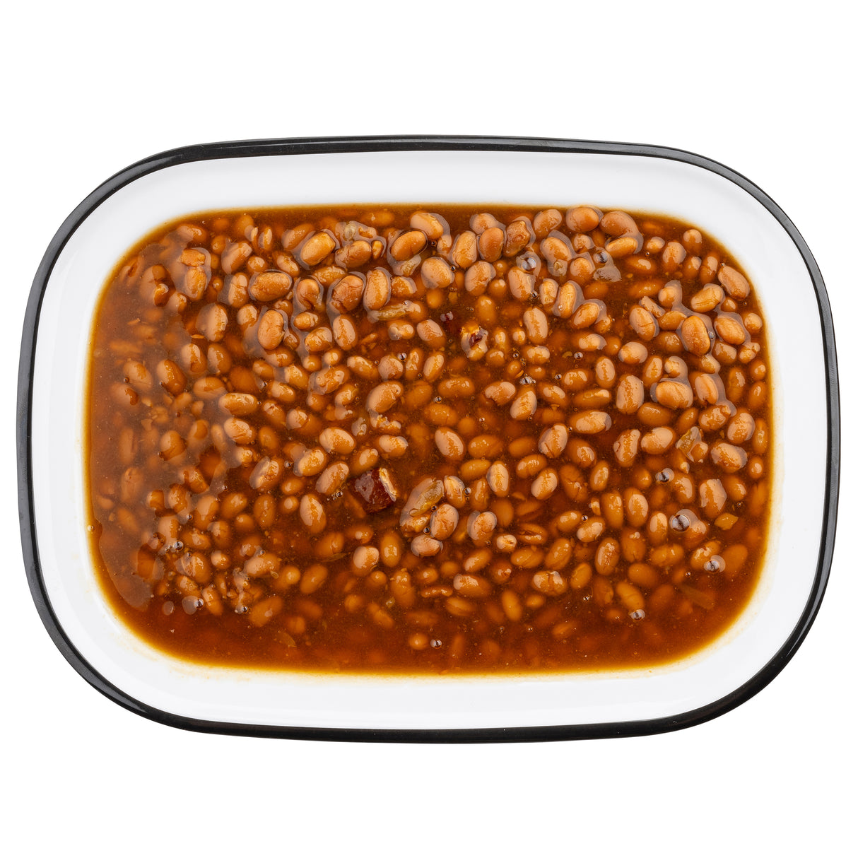 A rectangular white enamel serving pan with a black rim, filled with baked beans in a rich, reddish-brown sauce. The beans are evenly distributed, with some sauce pooling around the edges. Photographed from above on a white background.