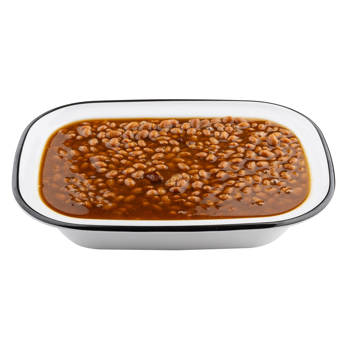 A white rectangular TableCraft melamine serving pan with a black rim is filled with baked beans in a thick brown sauce, viewed from above on a white background.