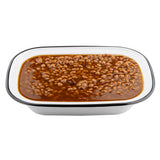 A white rectangular TableCraft melamine serving pan with a black rim is filled with baked beans in a thick brown sauce, viewed from above on a white background.