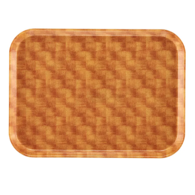 A rectangular, flat Camtray with rounded corners, this high-impact fiberglass tray features a glossy finish and a light brown checkered woodgrain pattern. The slightly raised edges help prevent items from sliding off. It’s also dishwasher safe.