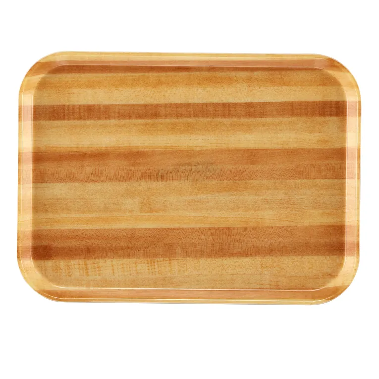 A rectangular wooden cutting board with rounded corners and alternating light and dark wood grain stripes, viewed from above on a white background. Its smooth, polished surface resembles a Camtray but is crafted from wood, not a dishwasher safe fiberglass tray.