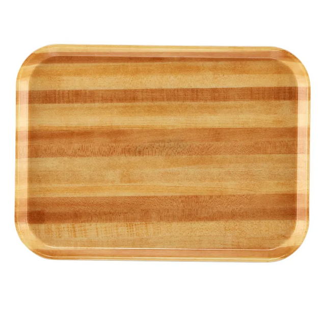 A rectangular wooden cutting board with rounded corners and alternating light and dark wood grain stripes, viewed from above on a white background. Its smooth, polished surface resembles a Camtray but is crafted from wood, not a dishwasher safe fiberglass tray.