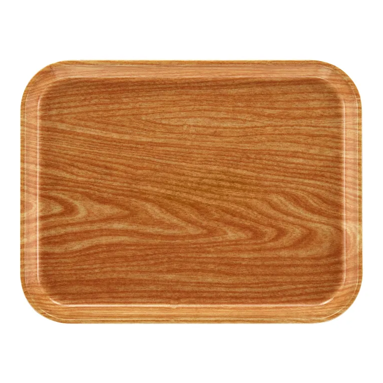 A rectangular Camtray with rounded edges, featuring a smooth, wood grain pattern in shades of light and medium brown. This fiberglass tray has a slightly raised rim and a glossy finish, and is dishwasher safe for easy cleaning.