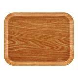 A rectangular Camtray with rounded edges, featuring a smooth, wood grain pattern in shades of light and medium brown. This fiberglass tray has a slightly raised rim and a glossy finish, and is dishwasher safe for easy cleaning.