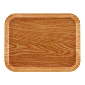 A rectangular Camtray with rounded edges, featuring a smooth, wood grain pattern in shades of light and medium brown. This fiberglass tray has a slightly raised rim and a glossy finish, and is dishwasher safe for easy cleaning.
