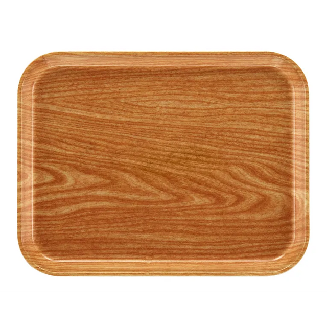 A rectangular Camtray with rounded edges, featuring a smooth, wood grain pattern in shades of light and medium brown. This fiberglass tray has a slightly raised rim and a glossy finish, and is dishwasher safe for easy cleaning.