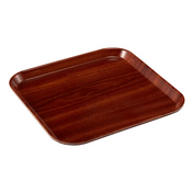 A square Camtray made from high-impact fiberglass, featuring rounded corners, slightly raised edges, a dark brown glossy finish, and visible wood grain patterns. This tray is also dishwasher safe and set against a plain white background.
