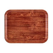 A rectangular Camtray with rounded corners features a reddish-brown wood grain pattern, mimicking polished wood. This high-impact fiberglass tray has raised edges, a glossy finish, and is set against a plain white background.