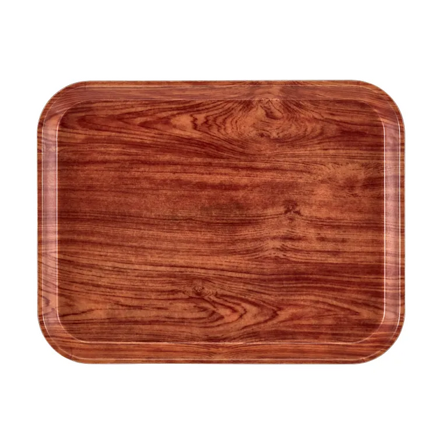 A rectangular Camtray with rounded corners features a reddish-brown wood grain pattern, mimicking polished wood. This high-impact fiberglass tray has raised edges, a glossy finish, and is set against a plain white background.