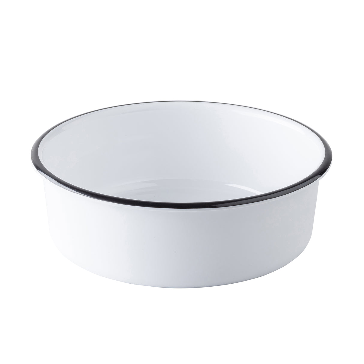 A white, round enamel bowl with a smooth surface and a black rim sits on a plain white background. This minimalist TableCraft Products melamine serving bowl features gently sloping sides and a classic, timeless appearance.