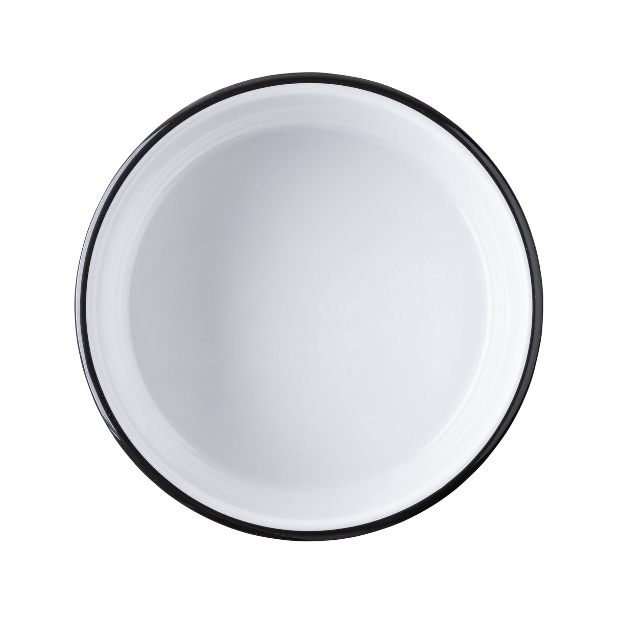A plain, round, white enamel Canteen Collection Serving Bowl with a thin black rim, viewed from above against a white background. The bowl is empty and clean, featuring simple and classic design lines from TableCraft Products.