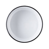 A plain, round, white enamel Canteen Collection Serving Bowl with a thin black rim, viewed from above against a white background. The bowl is empty and clean, featuring simple and classic design lines from TableCraft Products.