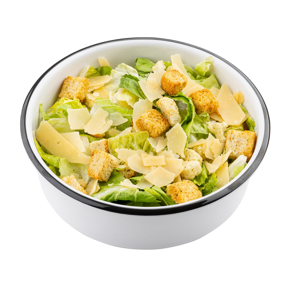 A white melamine bowl with a black rim filled with Caesar salad, featuring green romaine lettuce, golden croutons, and large shavings of pale yellow Parmesan cheese, isolated on a white background.