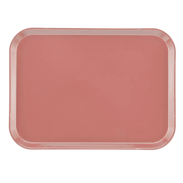 A rectangular, light pink Camtray with rounded corners and slightly raised edges, viewed from above against a white background. This high-impact fiberglass tray features a smooth, glossy surface and is dishwasher safe for easy cleaning.