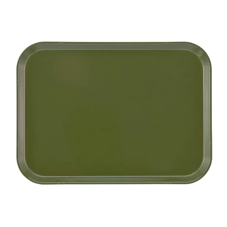 A plain, rectangular, dark olive green Camtray made from high-impact fiberglass with rounded corners and a subtle raised edge, presented on a white background. This tray is durable and dishwasher safe for convenient cleaning.