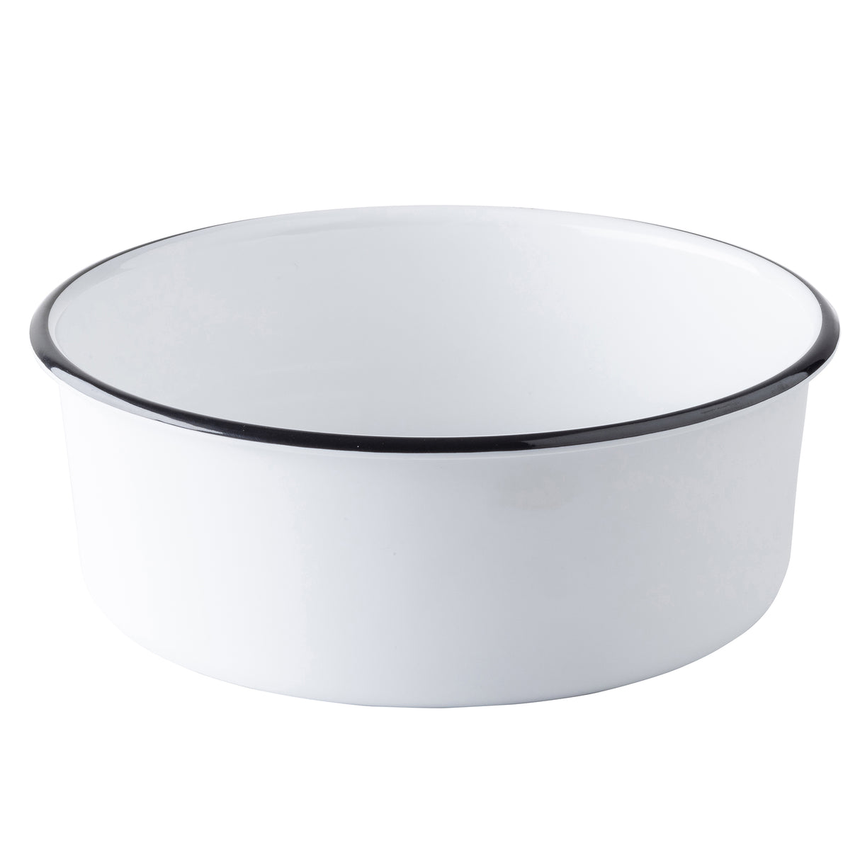 A plain white TableCraft enamel serving bowl with a black rim sits on a white background. The round, deep bowl features a smooth, glossy surface, giving it a classic, minimalist appearance perfect for versatile serving needs.