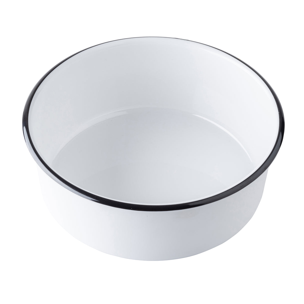 A round, white enamel serving bowl with a smooth surface and a thin black rim, viewed from above against a plain white background. The bowl is empty and has a simple, clean design perfect for stylish serving.