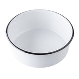 A round, white enamel serving bowl with a smooth surface and a thin black rim, viewed from above against a plain white background. The bowl is empty and has a simple, clean design perfect for stylish serving.