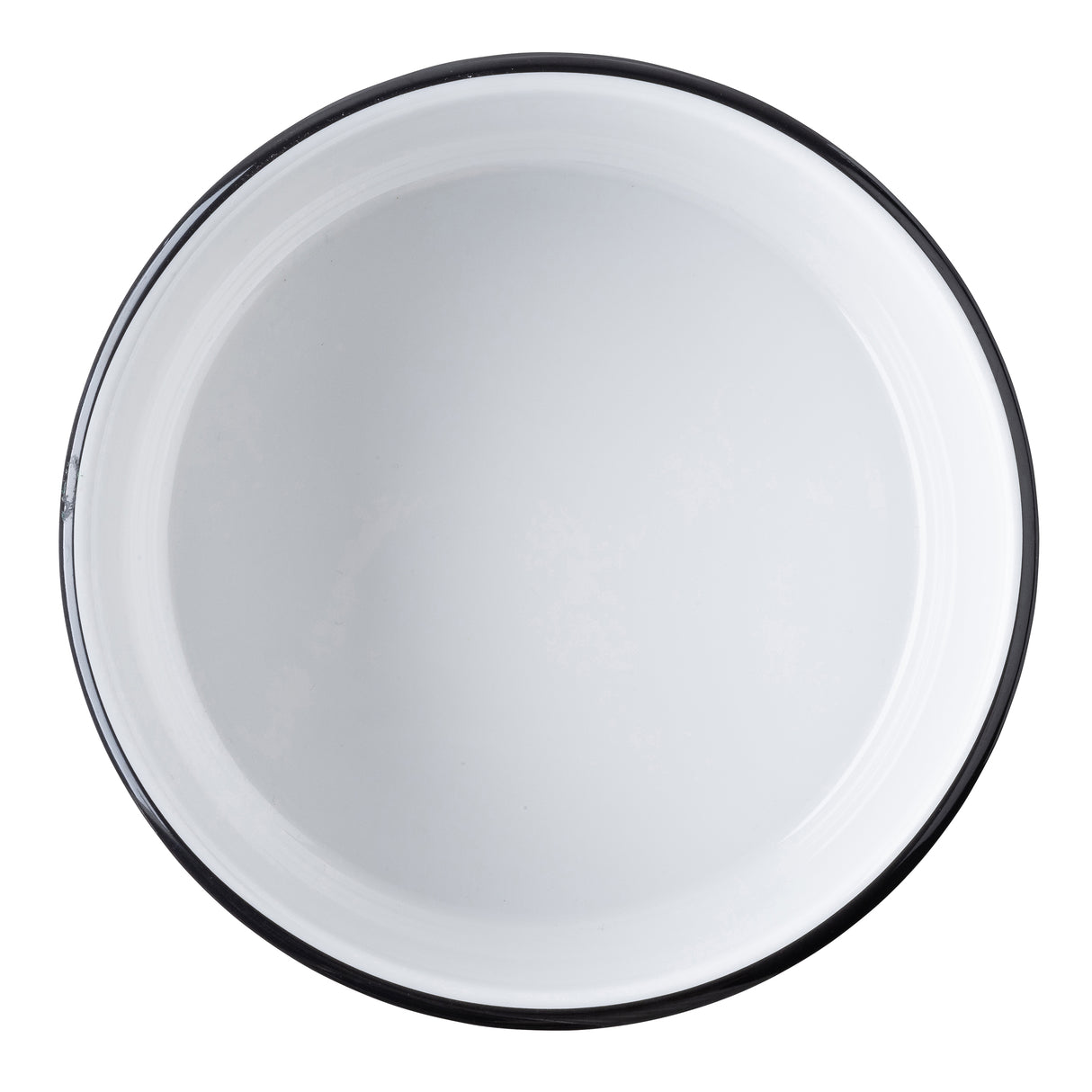 A round, empty, white enamel TableCraft plate with a thin black rim is viewed from above against a white background. The plate’s surface is smooth and glossy, with subtle reflections visible.