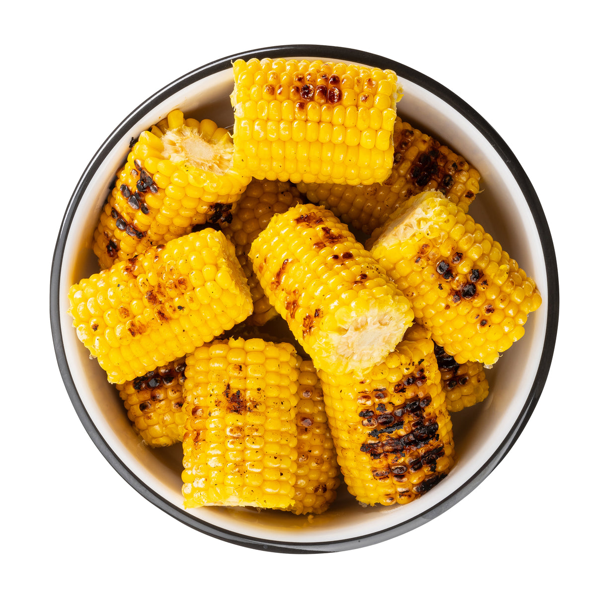 A white melamine bowl filled with several pieces of grilled corn on the cob, each showing char marks. The bright yellow segments have a slightly glossy texture, and the TableCraft bowl is set against a plain white background.