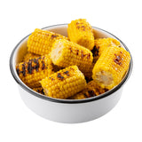 A white melamine serving bowl filled with several grilled corn on the cob pieces. The corn is bright yellow with charred and browned spots, indicating it has been roasted or grilled. The bowl is set against a plain white background.