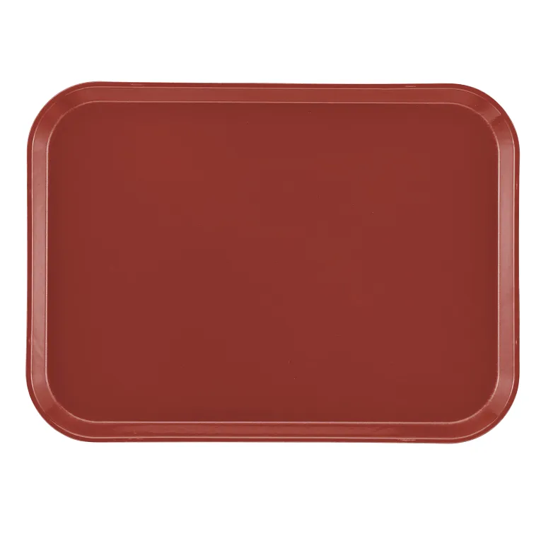 A plain, rectangular, reddish-brown Camtray made from high-impact fiberglass with rounded corners and raised edges, shown on a white background. This glossy serving tray is dishwasher safe and has no visible patterns or decorations.