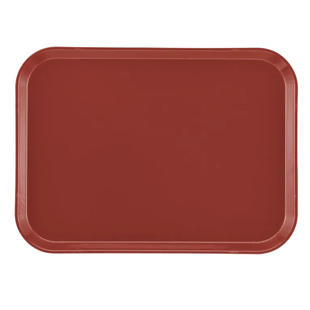 A plain, rectangular, reddish-brown Camtray made from high-impact fiberglass with rounded corners and raised edges, shown on a white background. This glossy serving tray is dishwasher safe and has no visible patterns or decorations.