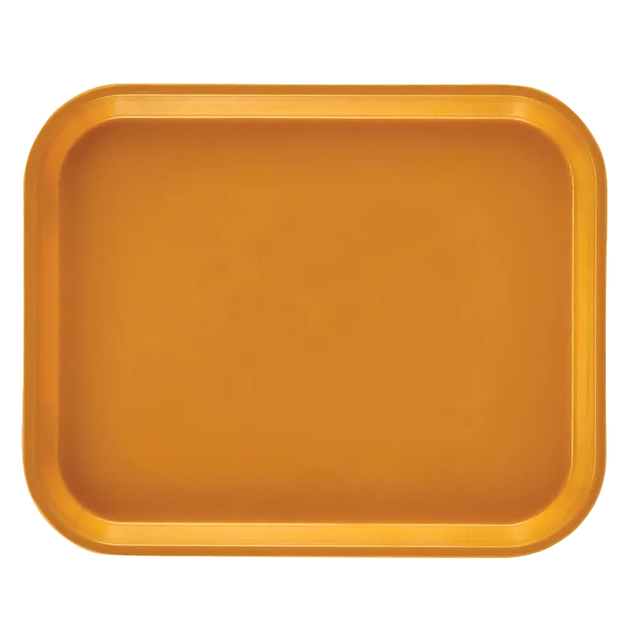 A rectangular Camtray with rounded edges and a raised rim, shown from above. The tray is solid mustard yellow, made of high-impact fiberglass that is dishwasher safe, featuring a smooth surface and simple, modern design on a plain white background.