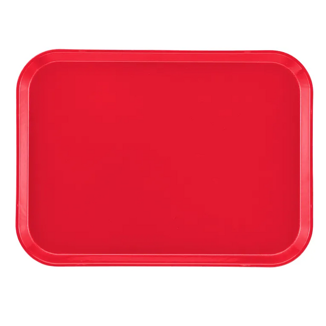 A rectangular red Camtray with rounded corners and a shallow raised edge, shown against a white background. Made from high-impact fiberglass, this plain, smooth tray is durable and dishwasher safe with no visible patterns or designs.