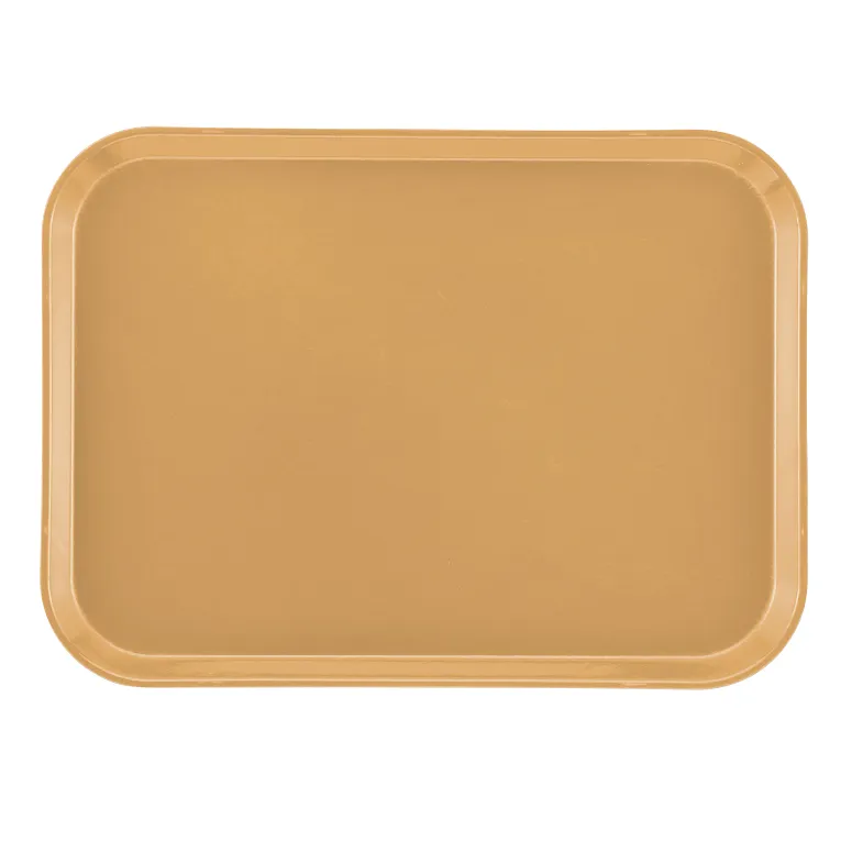 A rectangular, tan-brown Camtray made of high-impact fiberglass with rounded corners and slightly raised edges, shown from above on a plain white background. The smooth, matte dishwasher safe tray has no visible patterns or textures.