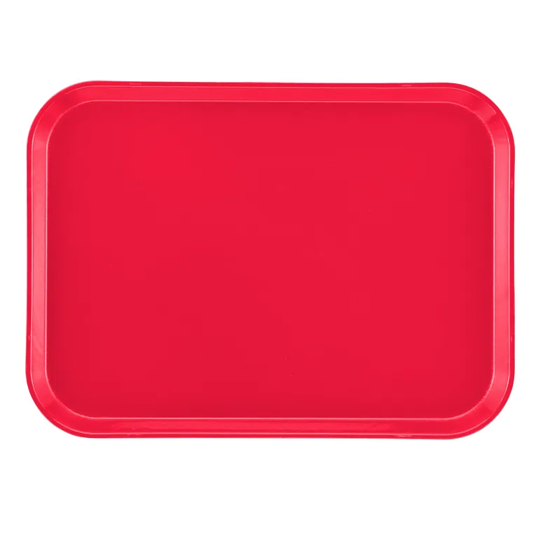 A rectangular, solid red Camtray fiberglass tray with rounded corners and a raised edge is shown on a white background. The tray appears to be dishwasher safe and empty.