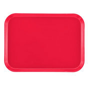 A rectangular, solid red Camtray fiberglass tray with rounded corners and a raised edge is shown on a white background. The tray appears to be dishwasher safe and empty.