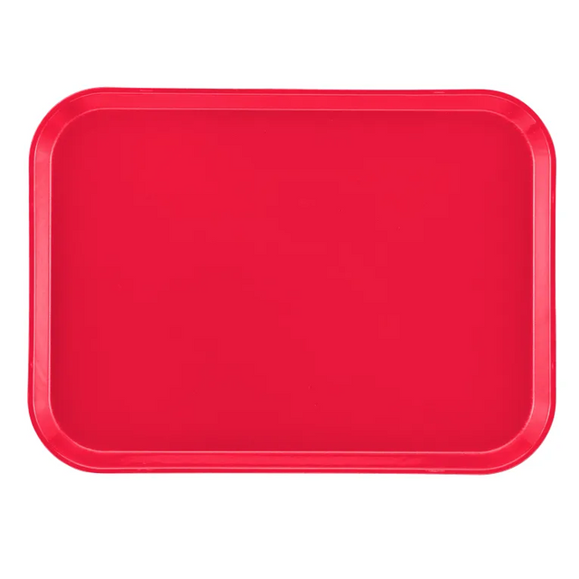 A rectangular, solid red Camtray fiberglass tray with rounded corners and a raised edge is shown on a white background. The tray appears to be dishwasher safe and empty.