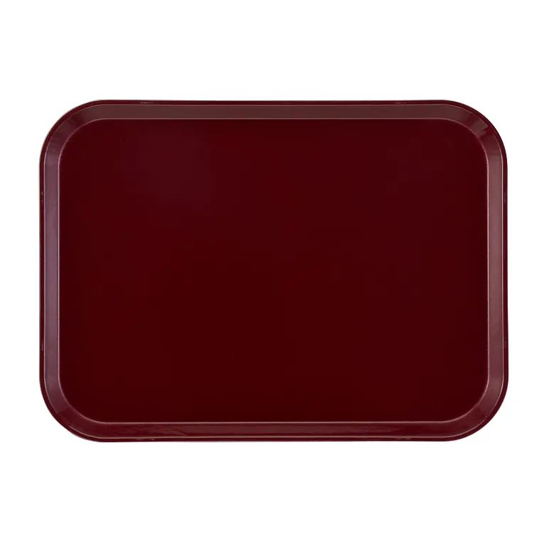 A rectangular, dark maroon Camtray with rounded corners and slightly raised edges, photographed from above on a white background. This high-impact fiberglass tray features a smooth, glossy finish and is dishwasher safe, with no visible patterns or decorations.