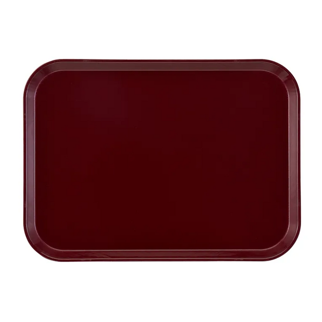 A rectangular, dark maroon Camtray with rounded corners and slightly raised edges, photographed from above on a white background. This high-impact fiberglass tray features a smooth, glossy finish and is dishwasher safe, with no visible patterns or decorations.