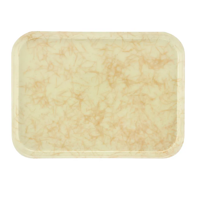 A rectangular Camtray with rounded corners featuring a light beige marbled pattern in light brown. Made from high-impact fiberglass, the smooth, glossy tray is dishwasher safe. The background is plain white.