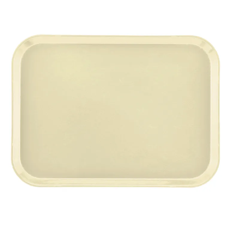 A plain, rectangular beige Camtray with rounded corners and slightly raised edges, shown from above on a white background. Made of high-impact fiberglass, this tray features a smooth surface and is dishwasher safe for easy cleaning.