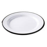 A round, white canteen collection plate with a glossy finish and a simple, thin black rim around the edge, shown on a plain white background. The melamine plate is empty and viewed at a slight angle.