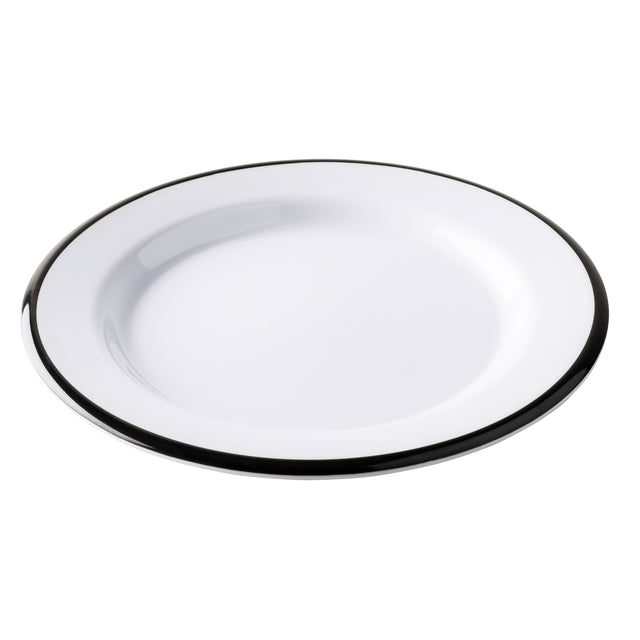 A round, white canteen collection plate with a glossy finish and a simple, thin black rim around the edge, shown on a plain white background. The melamine plate is empty and viewed at a slight angle.