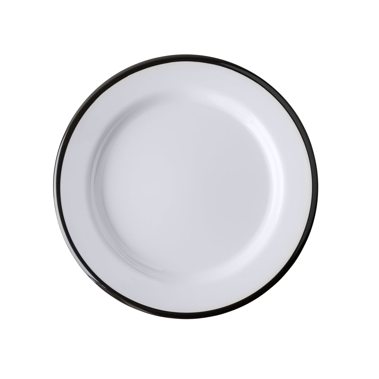 A round, white TableCraft canteen collection plate with a thin black rim, viewed from above on a plain white background. The empty melamine plate features a simple, classic design perfect for any dining setting.