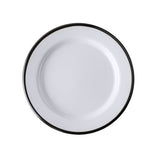 A round, white TableCraft canteen collection plate with a thin black rim, viewed from above on a plain white background. The empty melamine plate features a simple, classic design perfect for any dining setting.