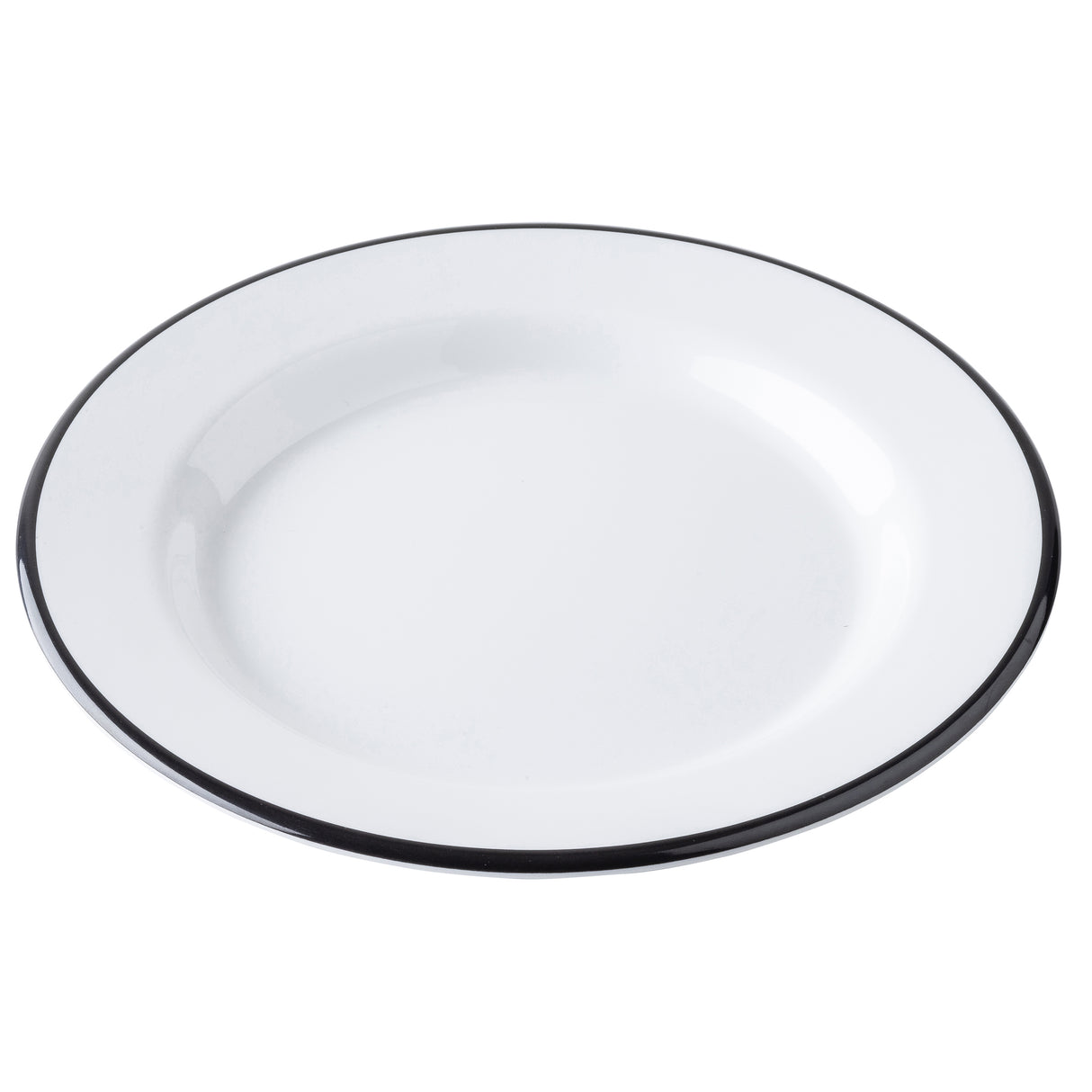 A plain, round white TableCraft Canteen Collection Plate with a thin black rim sits on a white background. Its glossy melamine plate finish and simple, classic design are highlighted from a slight angle. The plate is empty.