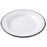 A plain, round white TableCraft Canteen Collection Plate with a thin black rim sits on a white background. Its glossy melamine plate finish and simple, classic design are highlighted from a slight angle. The plate is empty.