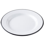 A plain, round white TableCraft Canteen Collection Plate with a thin black rim sits on a white background. Its glossy melamine plate finish and simple, classic design are highlighted from a slight angle. The plate is empty.